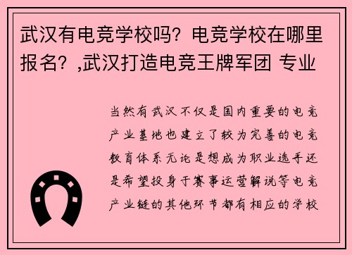 武汉有电竞学校吗？电竞学校在哪里报名？,武汉打造电竞王牌军团 专业训练营锻造冠军摇篮